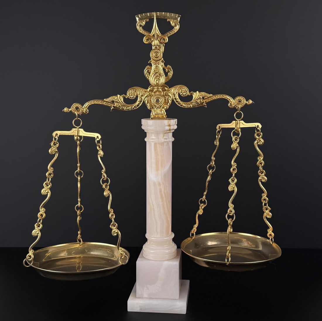 Hollywood Regency Onyx and Brass Scale: 21 5/8" by 19 3/4" by 8".