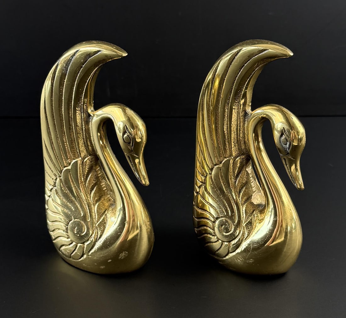Mid Century Brass Swan Bookends: 6" by 3 1/4" by 2".