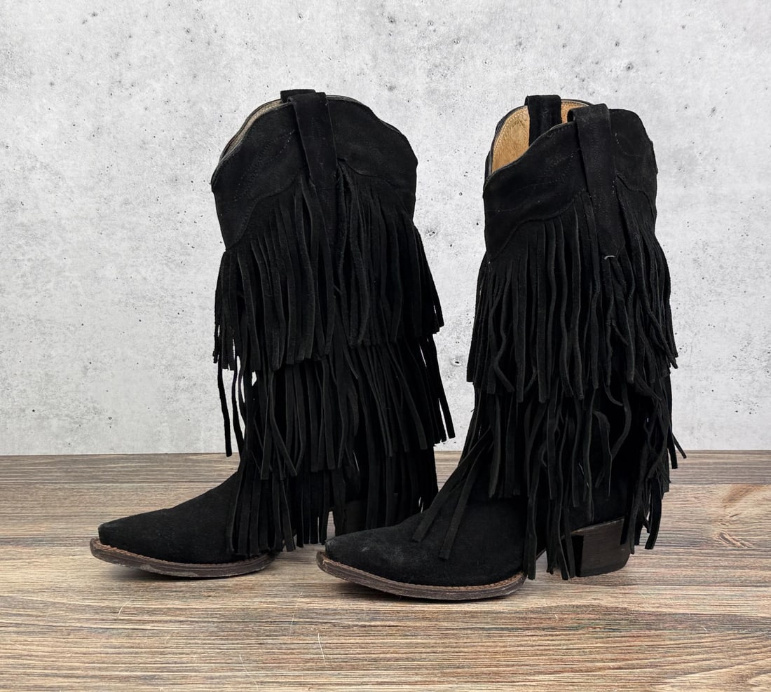 Tanner Mark Black Suede Fringe Western Boots: Size 8 women's.