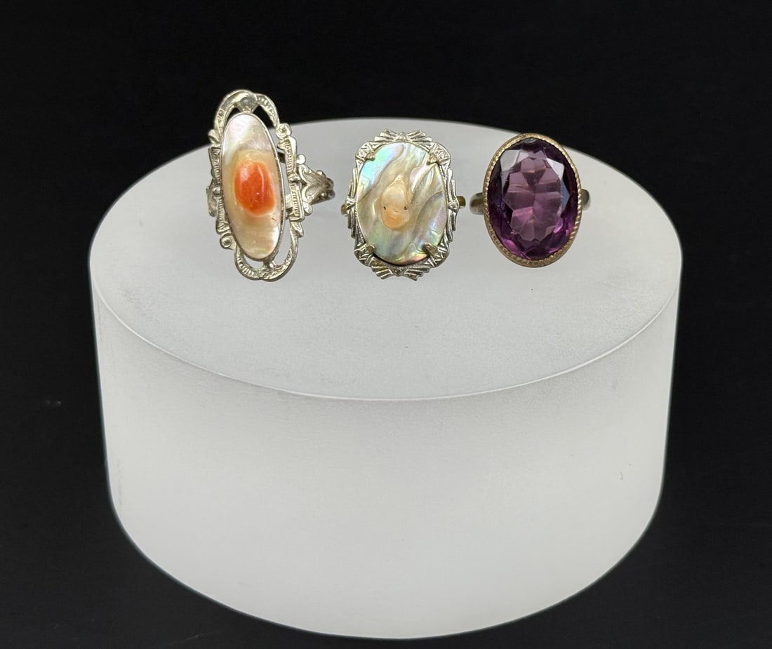 Victorian Costume Jewelry Gemstone Rings: Largest is size 6 1/2. Nice grouping.