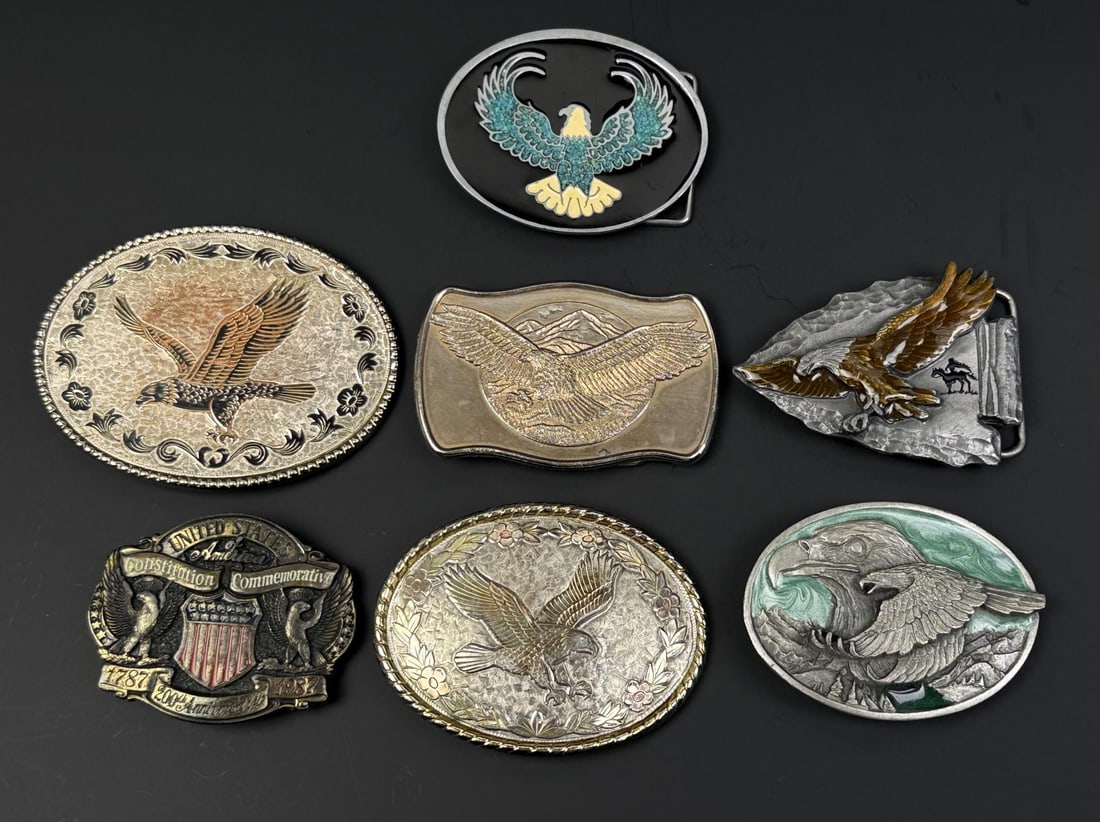 Collection of Western Cowboy Belt Buckles: Largest is 4" by 3". Brands include Siskiyou and Derby Co.