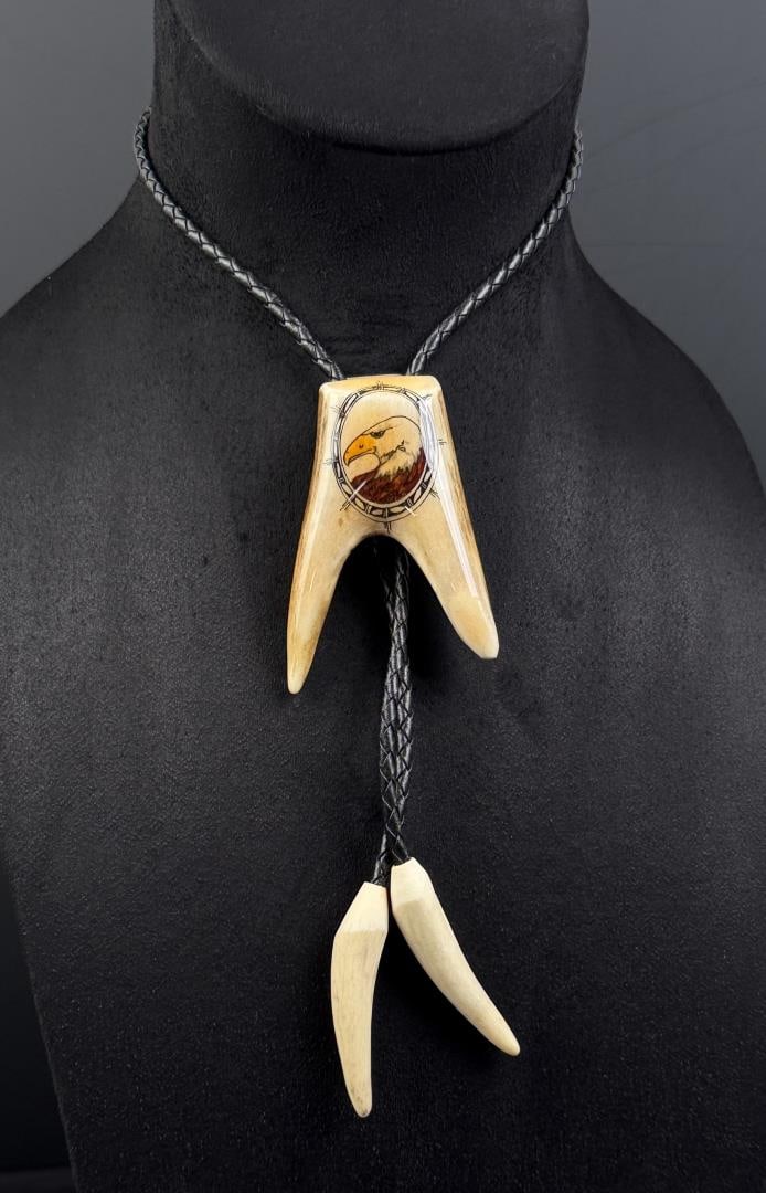Elk Antler Painted Eagle and Shield Bolo Tie: 17 7/8" by 4 7/8" by 2".