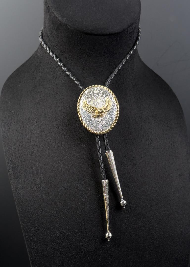Crumrine Flying Eagle Cowboy Bolo Tie: 19" long. Silver plated.