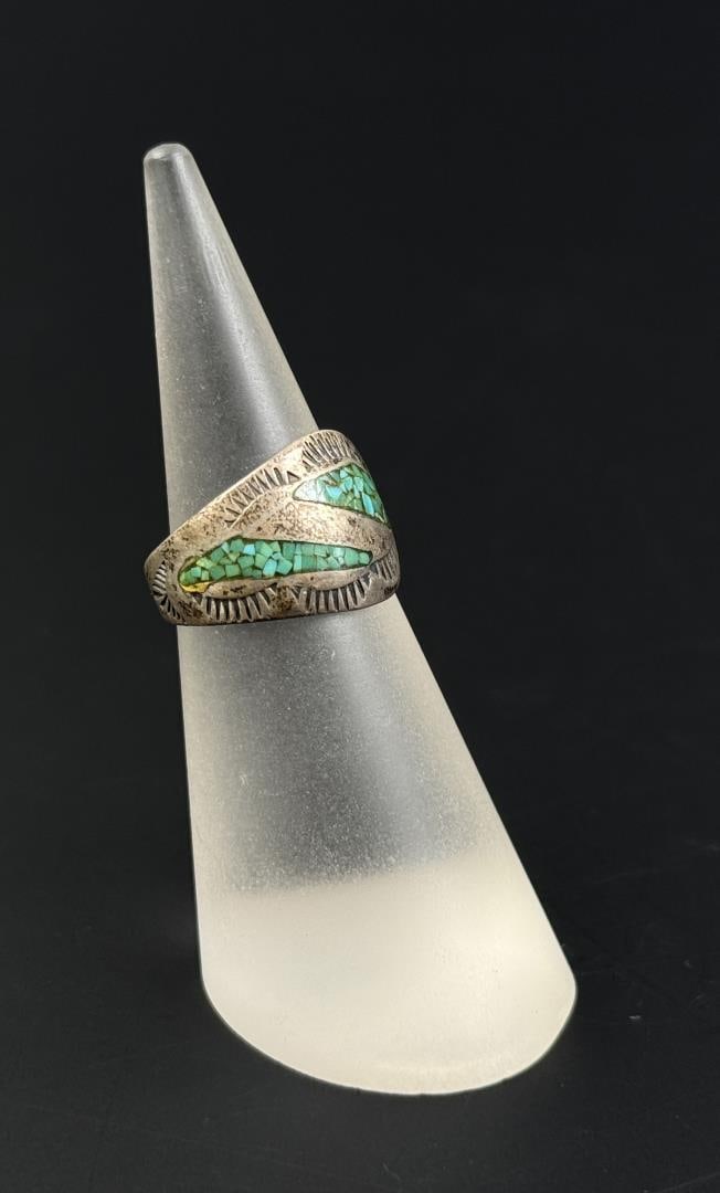 Navajo Sterling Silver Turquoise Inlaid Ring: Size 4 1/2". 3.42 grams.
