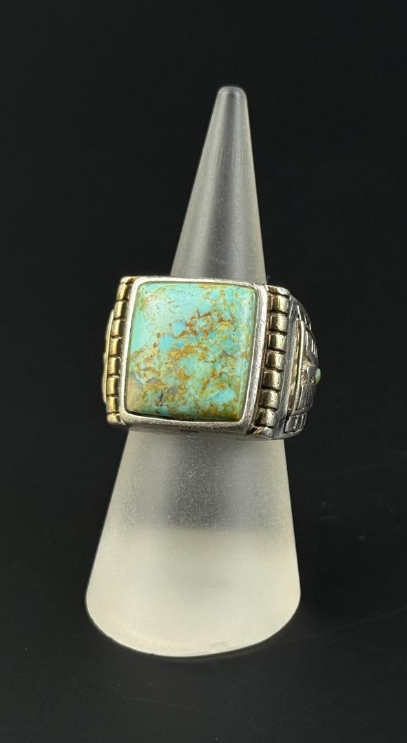 Navajo Sterling Silver Turquoise Thunderbird Ring: Size 8 1/2. 20.39 grams.