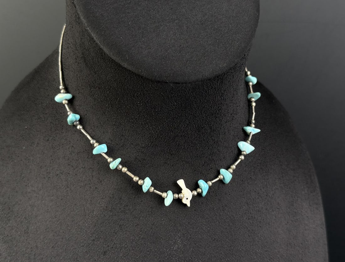 Zuni Sterling Turquoise Bird Fetish Necklace: 7 1/2" long. 9.29 grams.