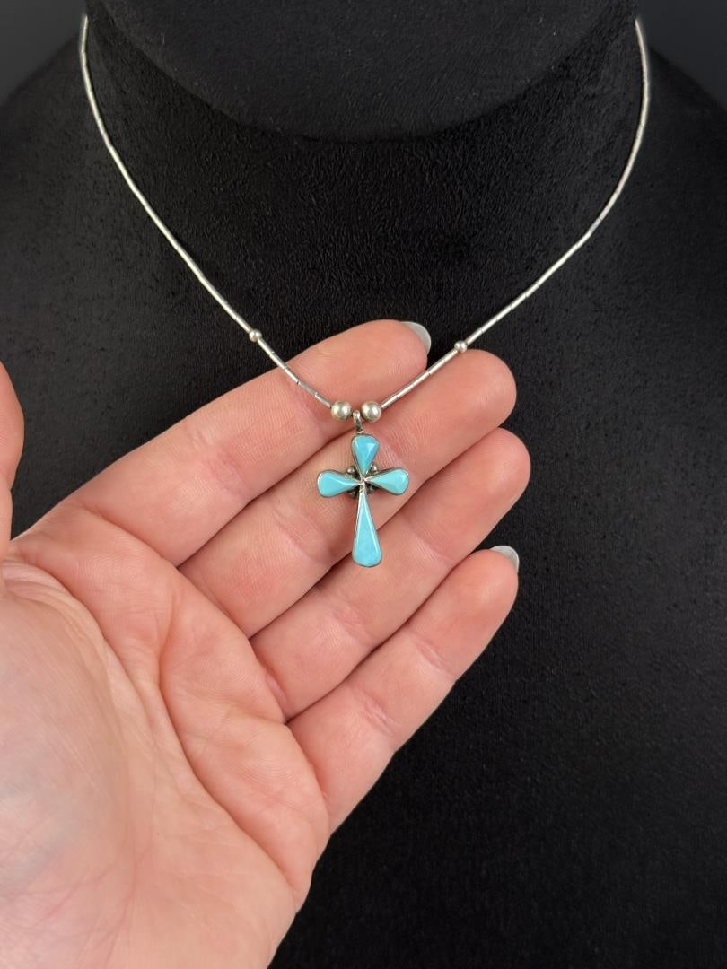 Zuni Sterling Silver Turquoise Cross Necklace: 8 7/8" long as displayed. 4.34 grams.