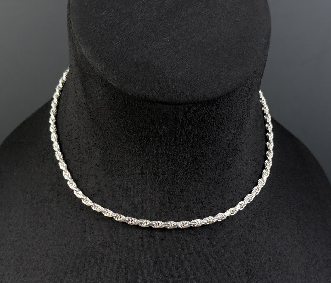Italian Sterling Silver Rope Chain Necklace: 11 1/2" long as displayed. 26.81 grams.