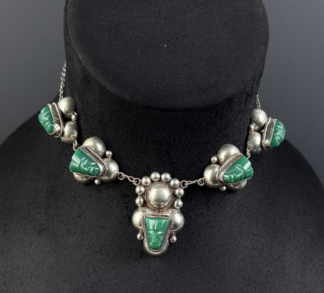 Mexico Sterling Silver Green Onyx Aztec Necklace: 6 7/8" long as displayed. 44.59 grams.