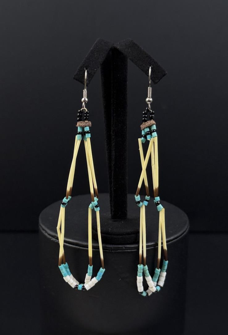 Native American Indian Porcupine Quill Earrings: 3 7/8" long.