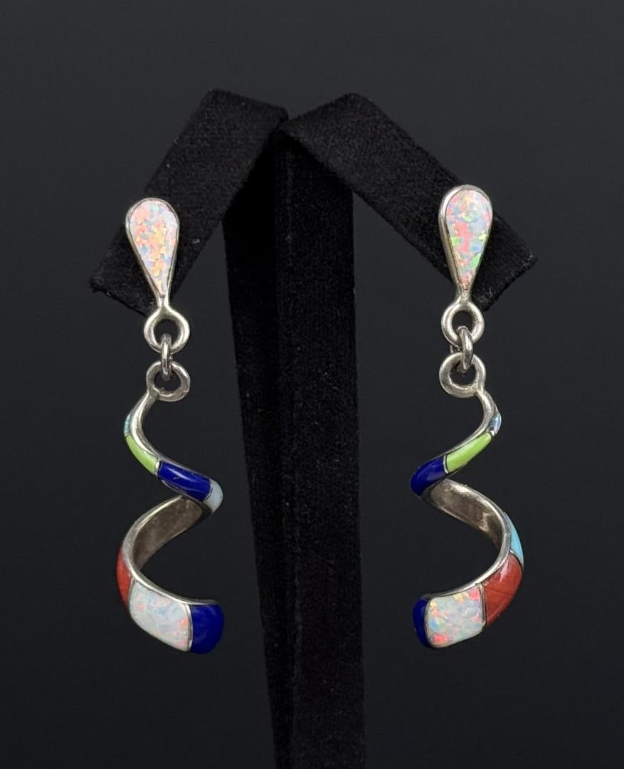 Zuni Signed Inlayed Sterling Silver Earrings: Signed AL as shown. 1 3/4" long. 3.47 grams total.