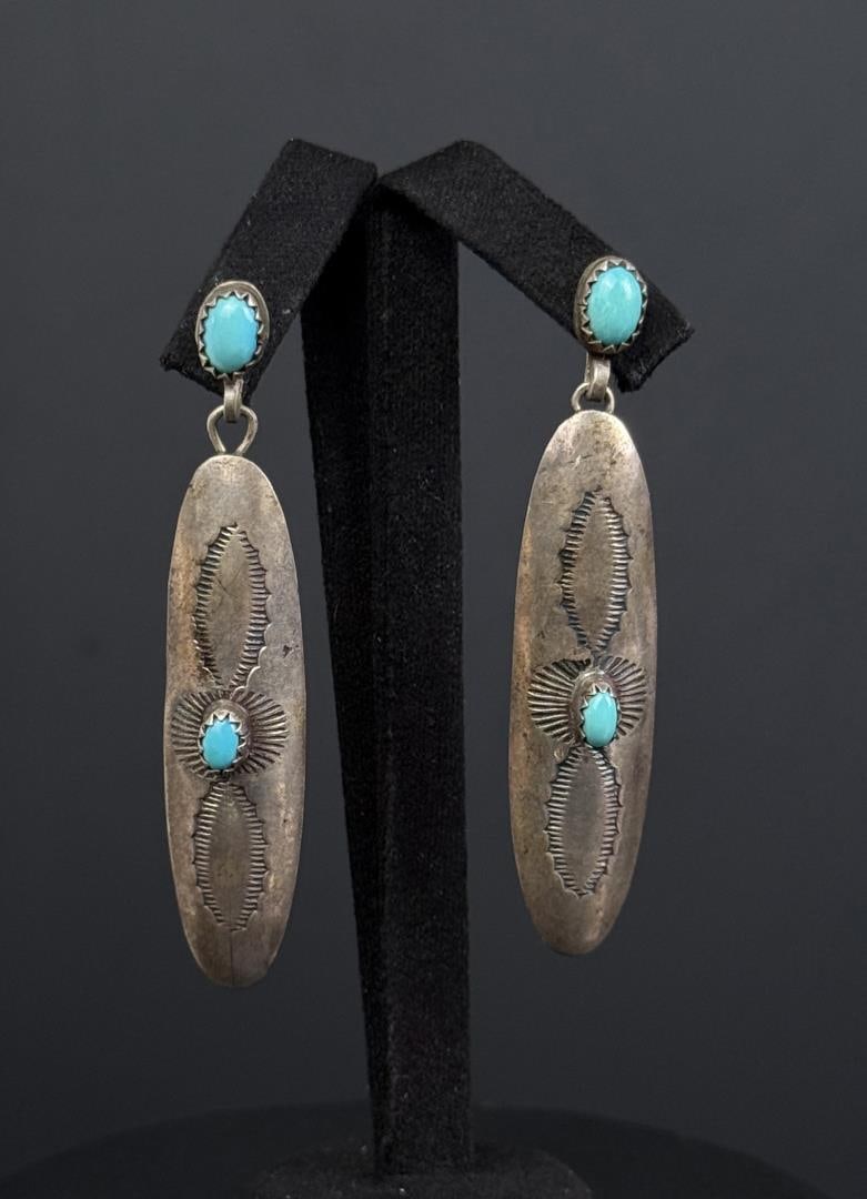 Navajo Sterling Silver Turquoise Earrings: 2 1/4" long. 5.66 grams total.