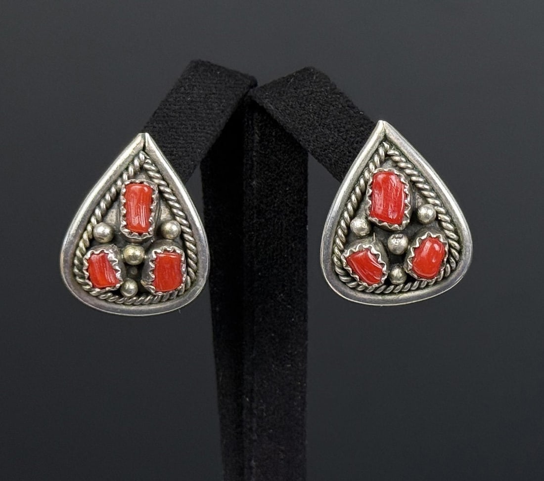 Navajo Sterling Silver Coral Earrings (1 of 4)