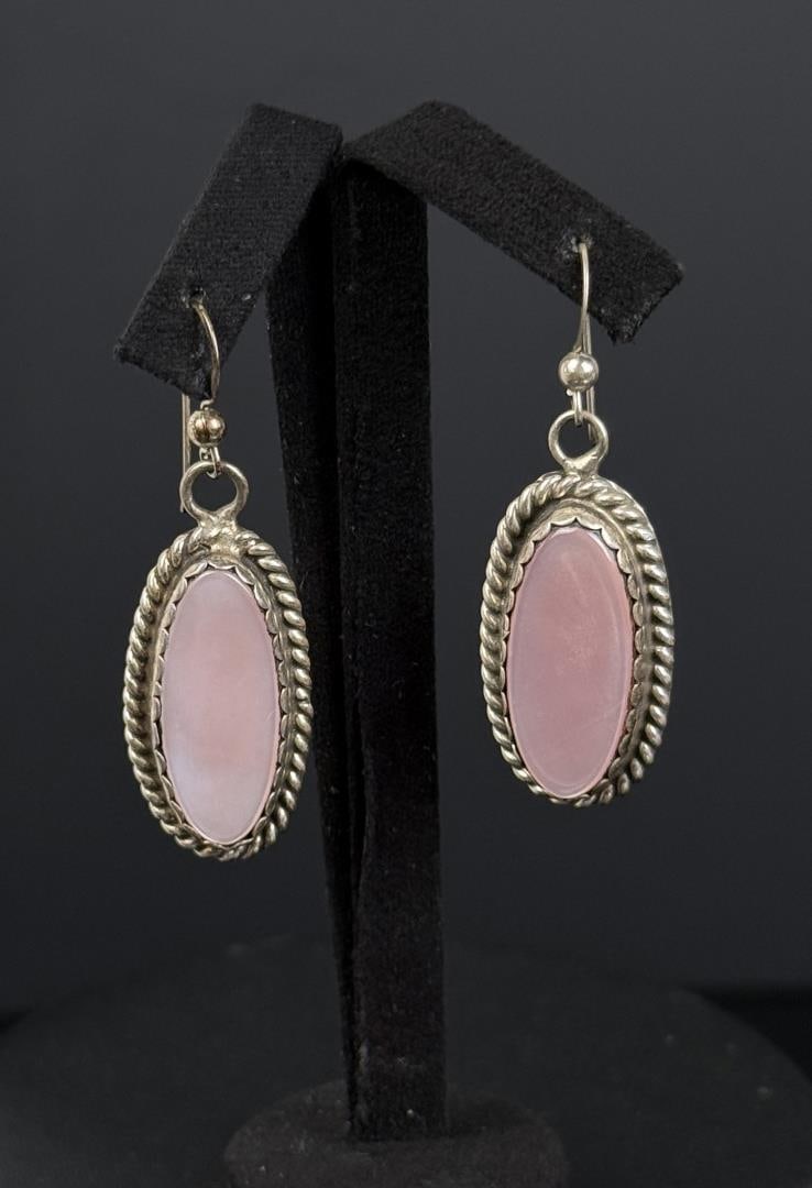 Navajo Sterling Pink Mother of Pearl Earrings: Signed TT as shown. 2" long. 10.45 grams total.