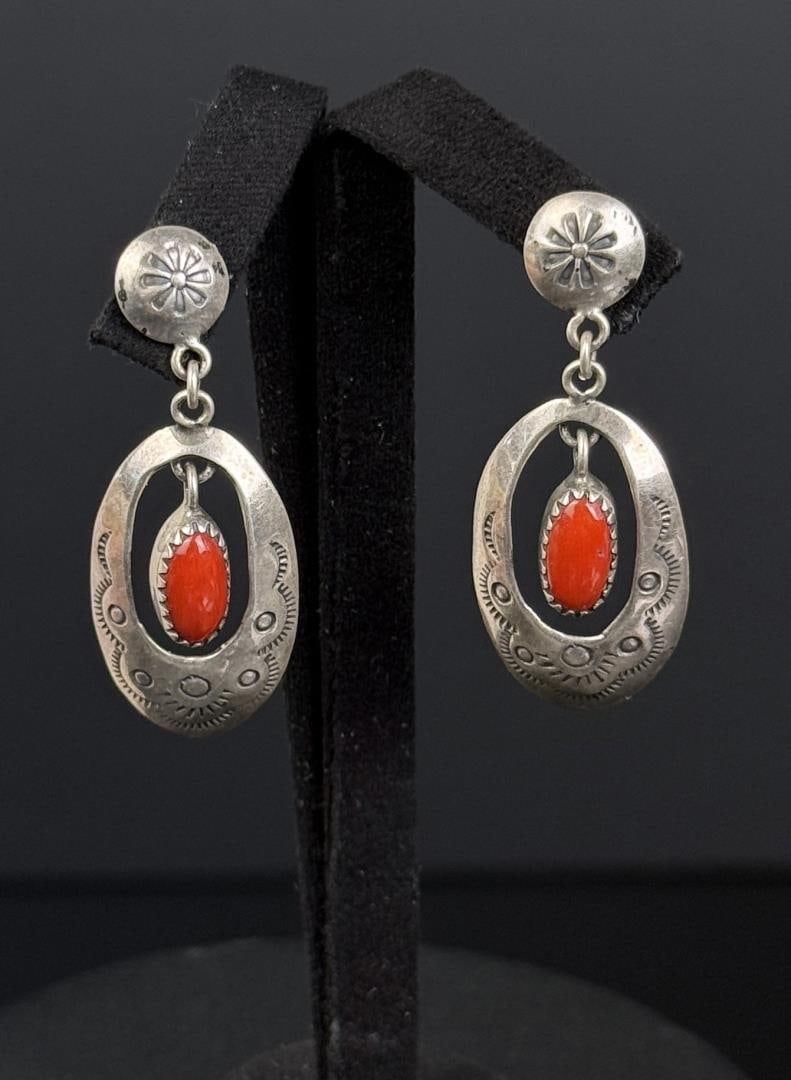 Navajo Sterling Silver Coral Earrings: 1 3/4" long. 4.31 grams total.