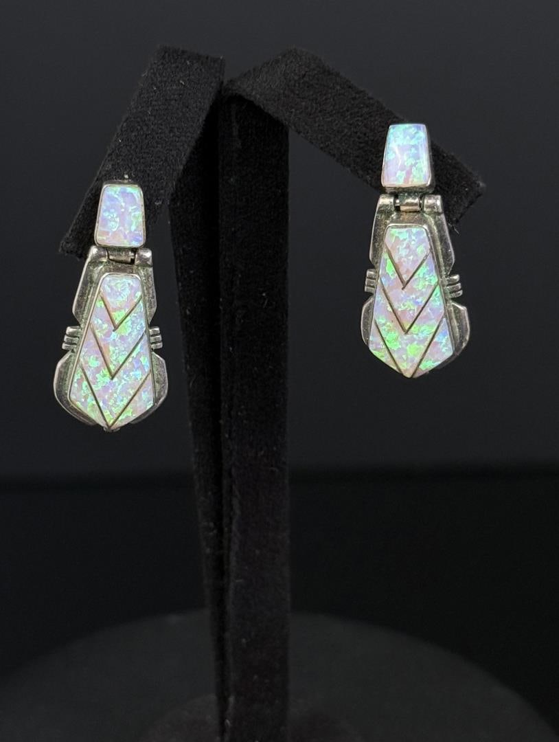 Johnson Ralph Navajo Sterling Opal Earrings: Signed JR as shown. 1" long. 5.91 grams total.