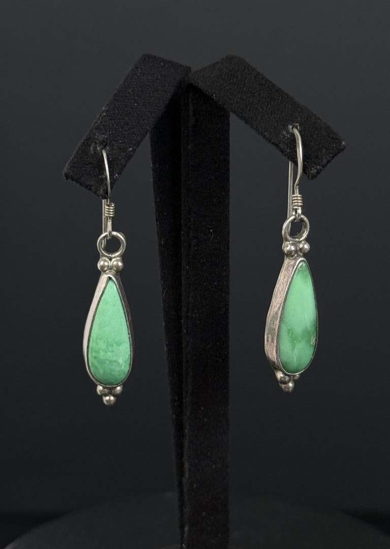Richard Begay Navajo Sterling Silver Earrings: Green Turquoise. 1 5/8" long. 4.19 grams.