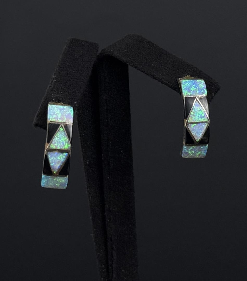 Zuni Sterling Opal and Onyx Earrings (1 of 5)