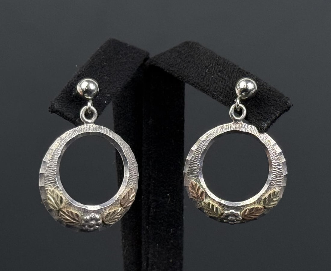 Sterling Silver Black Hills Gold Earrings: 1 1/8" long. 3.38 grams total.