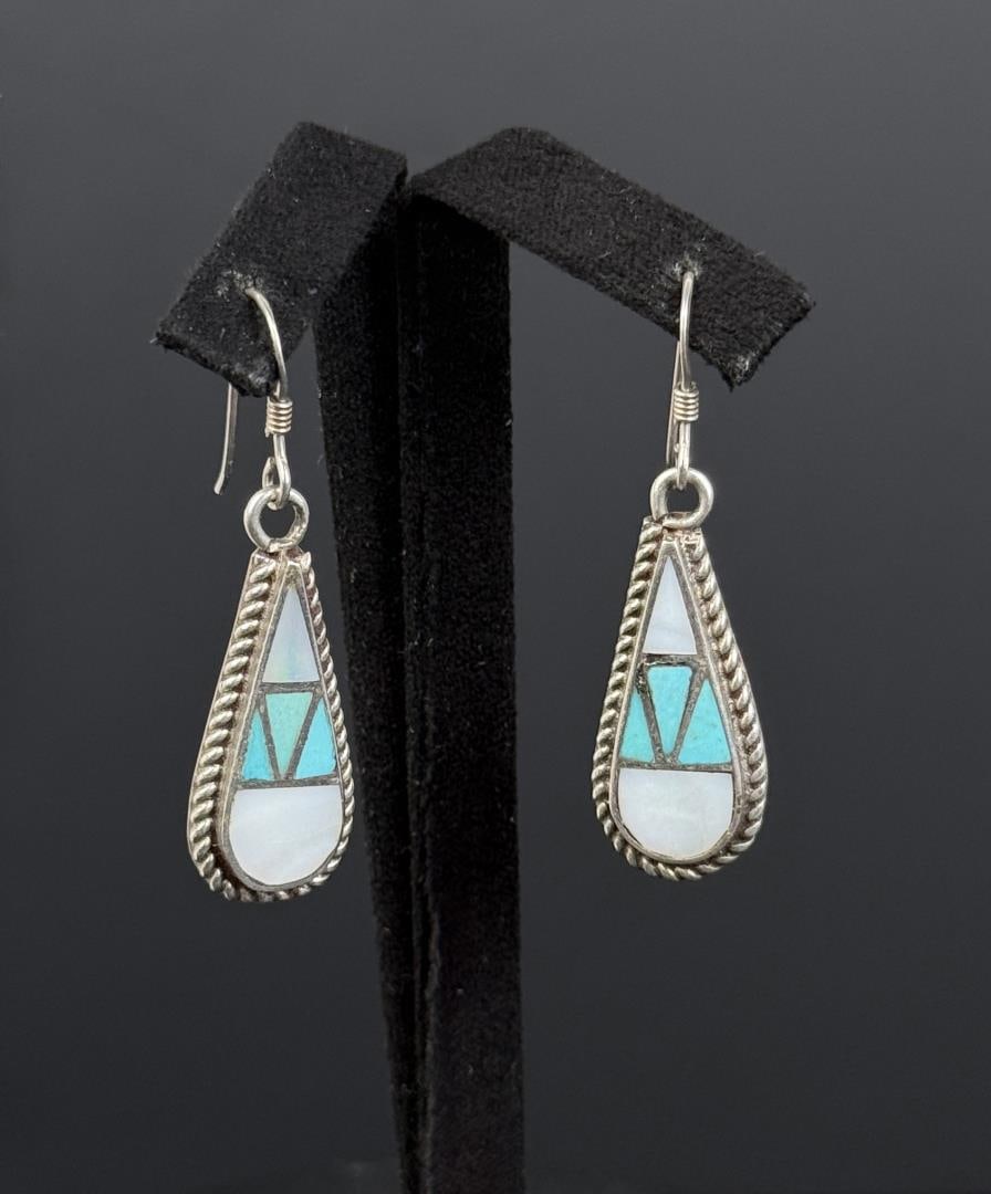 Zuni Sterling Turquoise Mother of Pearl Earrings (1 of 3)