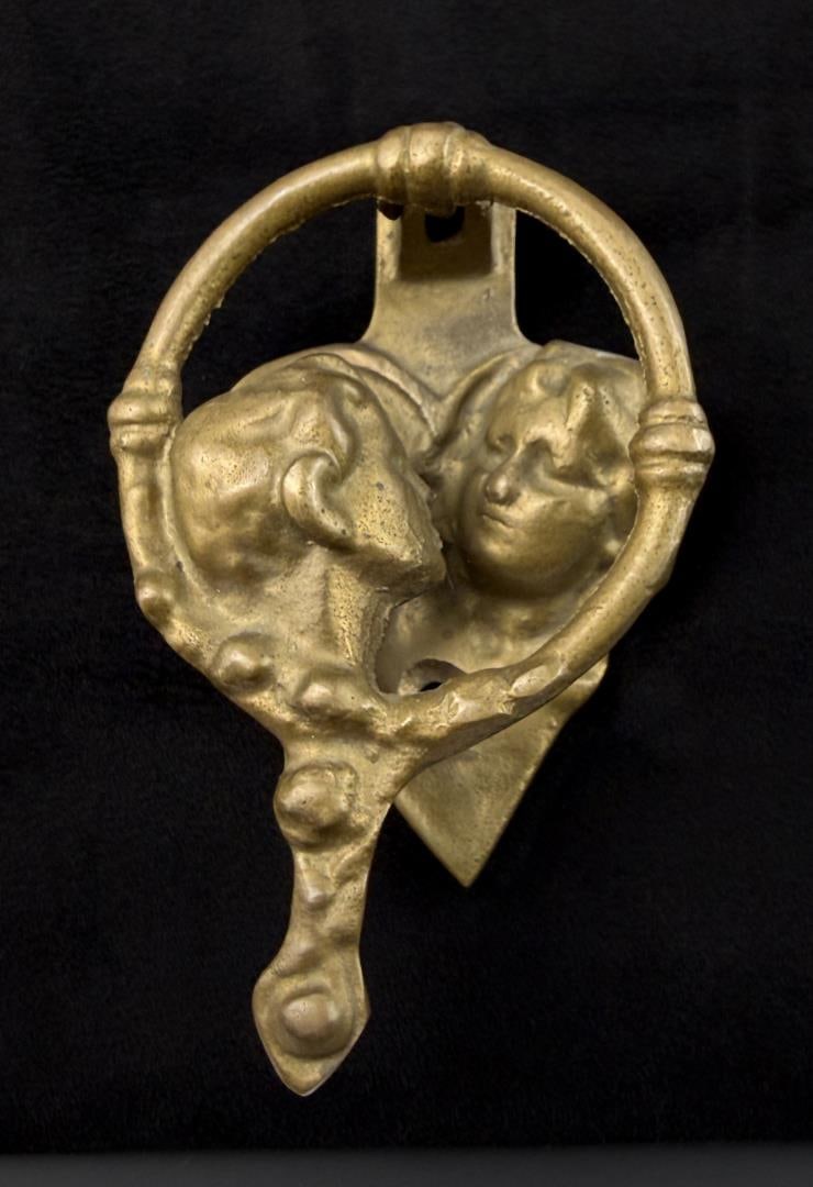 Brass Kissing Couple Heart Shaped Door Knocker: 4 1/4" by 2 3/4" by 1 3/8".