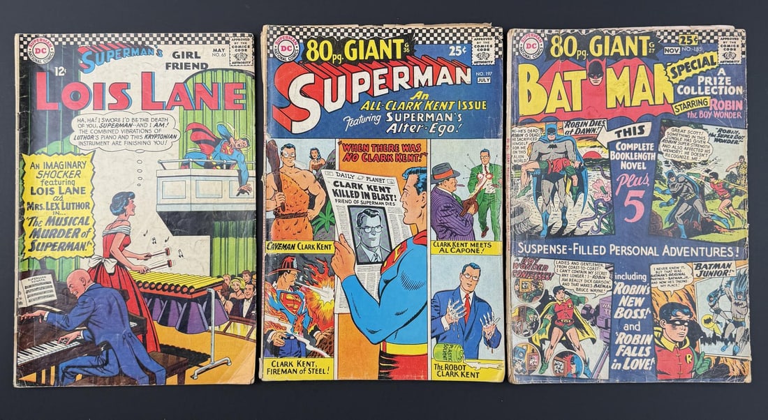 Group of Vintage DC Comic Books: Superman's Girl Friend Lois Lane #65, Superman #197, and Batman #185.
