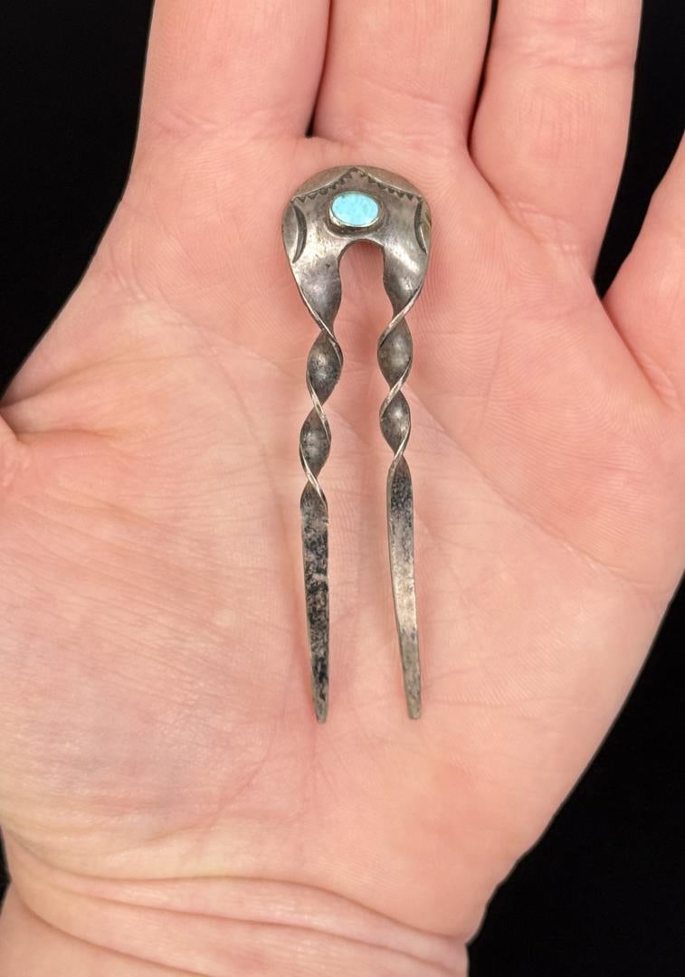 Navajo Sterling Silver Turquoise Hair Pin: Measures 2 3/5" long. 5.12 grams.
