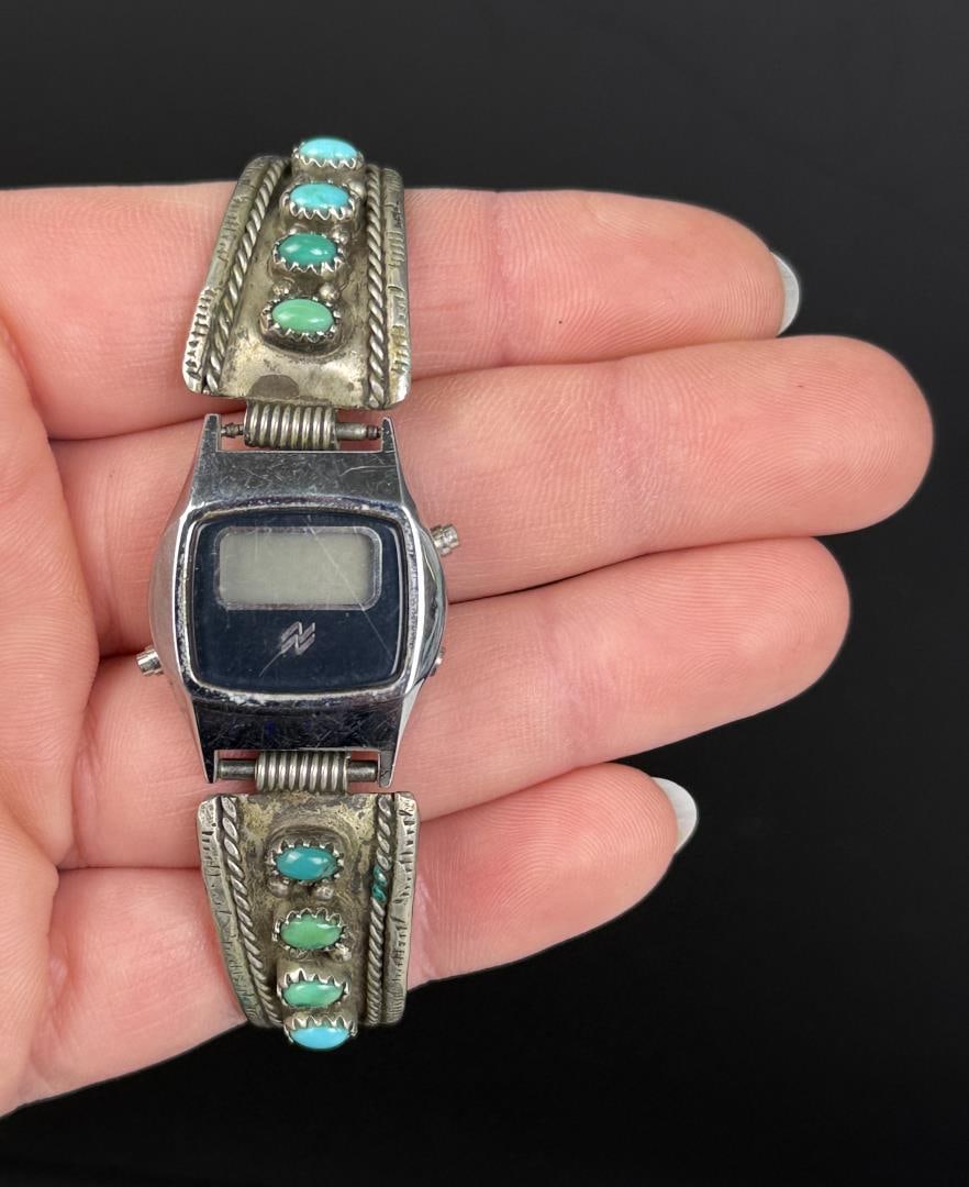 Navajo Nickel Silver Turquoise Watch Band Tips: Watch works.