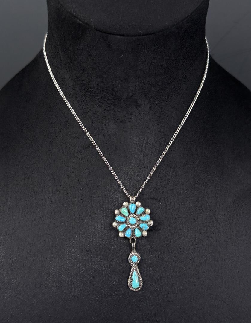 Zuni Petit Point Sterling Turquoise Necklace: Measures 10 1/2" long as displayed. 9.73 grams.