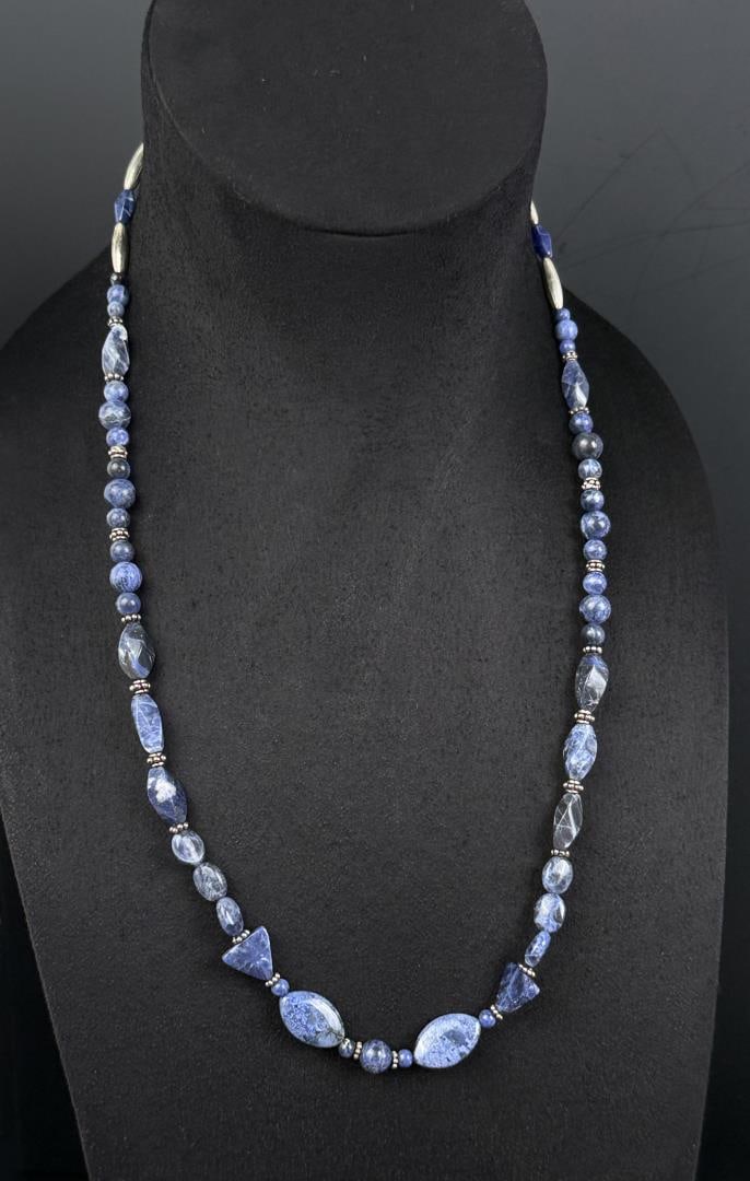 Sterling Silver Sodalite Beaded Necklace: Measures 13" long closed.