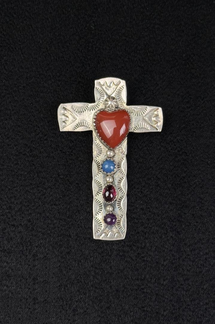 Navajo Sterling Silver Coral Cross Brooch Pin: Measures 2" long. Weighs 6.11 grams.