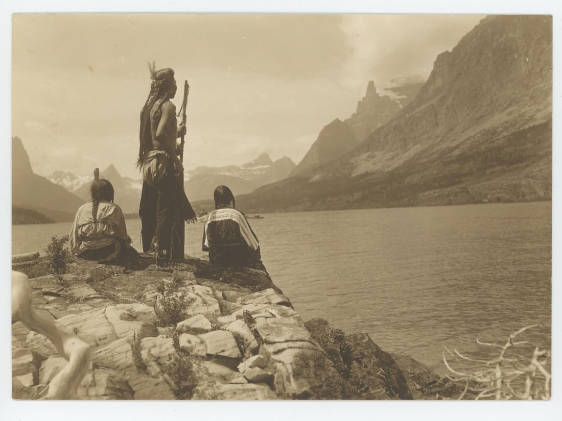 Kiser Glacier Park Montana Blackfoot Indian Photo: 5 3/4" by 8". Attributed to Fred Kiser based on the 1916 Booklet which features the image on it's cover.