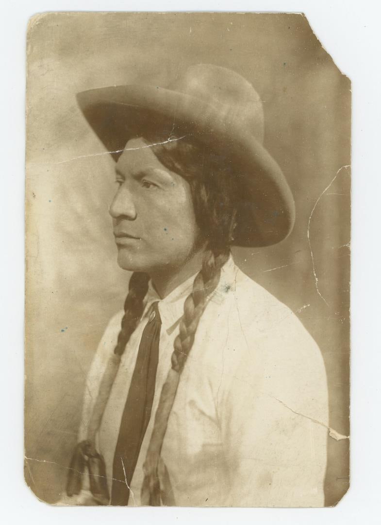 Eddie Big Beaver Montana Blackfoot Indian Photo: 4" by 6". James Edward "Eddie" Big Beaver Sr. was born c. 1880-1882 in Choteau, MT. He married Cecile Potts on July 8, 1919, at Cut Bank, MT. Eddie was a prominent member of the Blackfeet tribe and ac