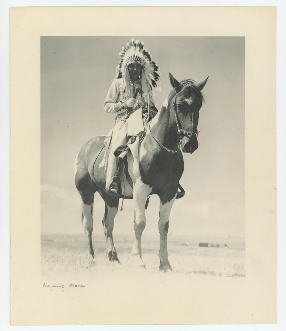 Running Crane Montana Blackfoot Indian Photo: Glacier Studio, D.J. Schmidt Photographer. 8" by 9 1/2".