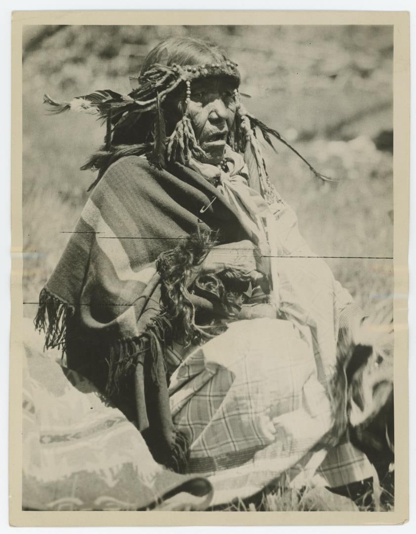 Glacier Park Blackfoot Indian Montana Photo: Title is Squaw Before the Medicine Lodge. Signed by Helen Fitzgerald. 7 1/2" by 9 1/2"