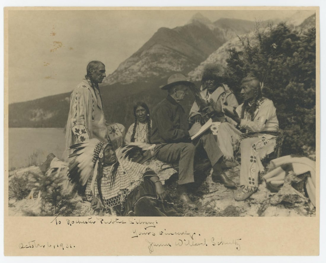 James Willard Schultz Montana Indian Photo: Taken in Glacier National Park. Inscribed To Rochester Public Library, yours sincerely, James Willard Schultz. 7 3/4" by 9 3/4".