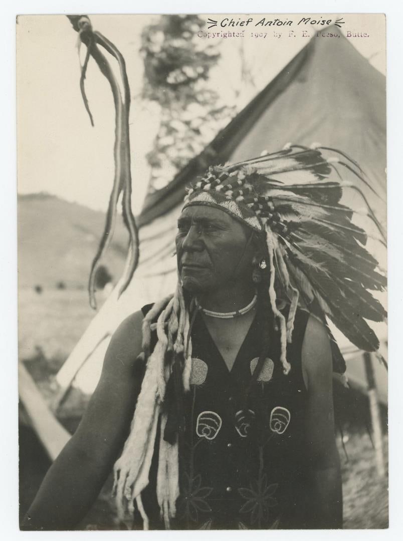 Chief Antoine Moise Montana Indian Photo: Photographer is F.E. Peeso Butte Montana. 4 1/2" by 6 1/2".