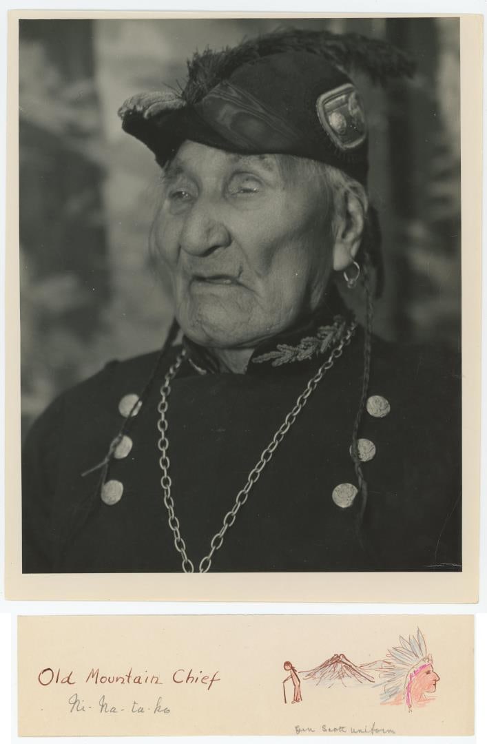 Old Mountain Chief Blackfoot Indian Montana Photo: Photographer is Herbert Titter, this image is also sometimes attributed to Fred R. Meyer. Includes an original drawing purportedly drawn by Old Mountain Chief. Photo is 8" by 10".