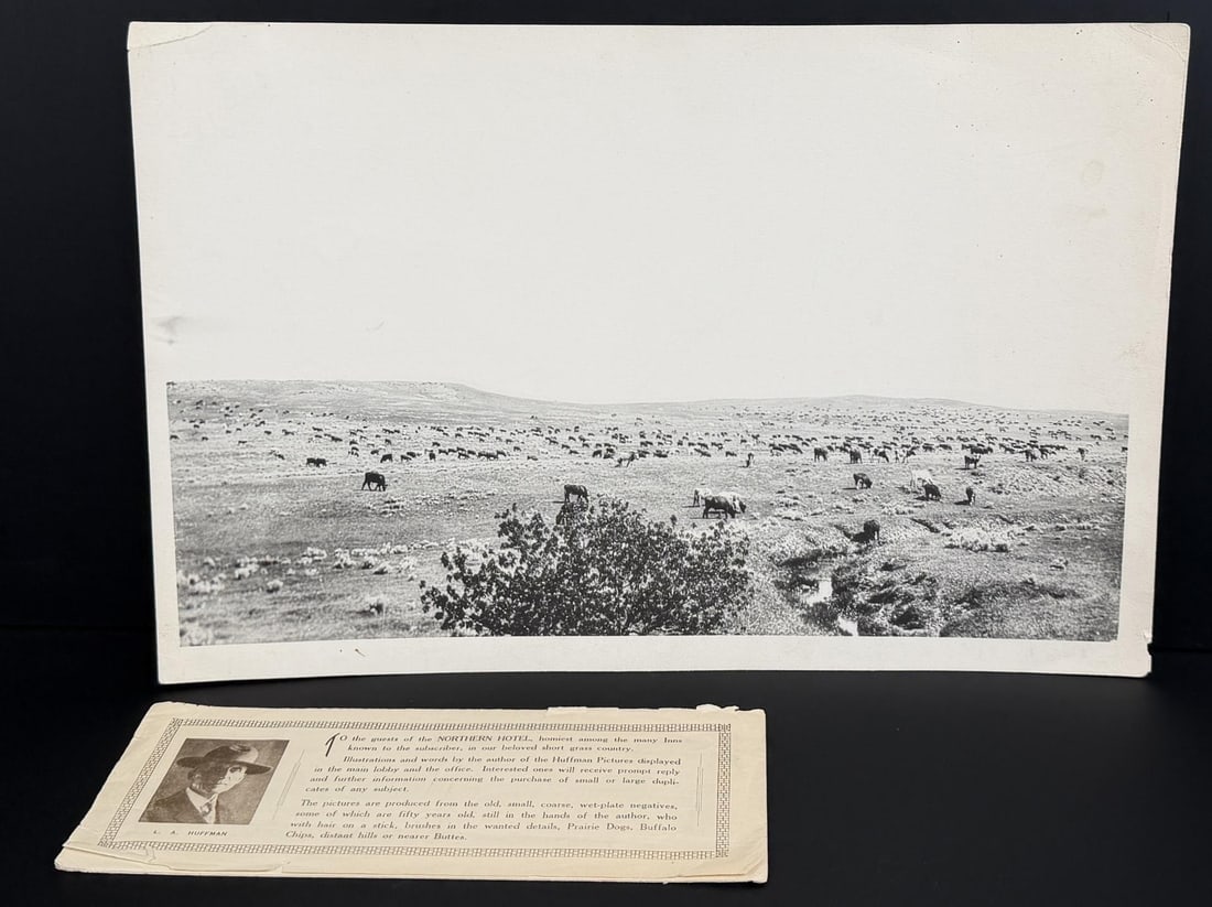 Laton Alton Huffman Montana Cattle Photo: Title is Trail Herd Powder River 1888. Comes with Huffman folding salesman booklet, given away at the Northern Hotel. Photo is 9 1/2" by 14 1/2"
