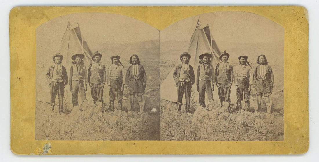 Andrew Russell Five Shoshone Indians Stereoview: Backside says Smoke Chiefs.