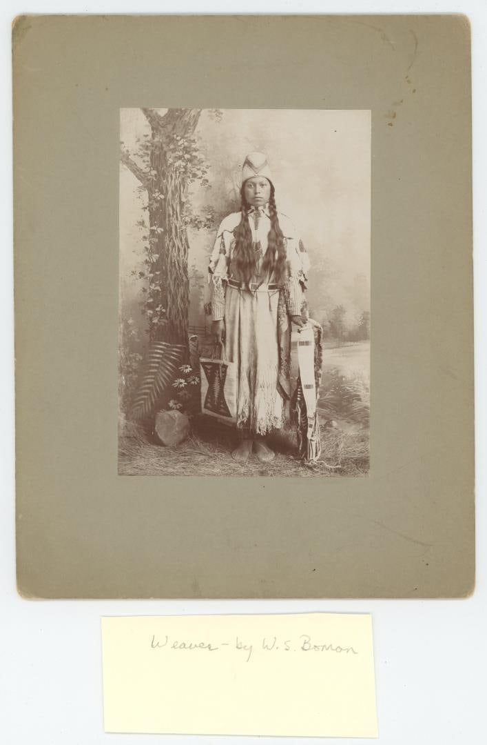 Nez Perce Indian Margaret Davis Cabinet Photo: She appears to have been a Weaver based on what she is holding. Photographer is W.S. Bowman of Portland Oregon. 7" by 9" Provenance: The Larry Ness Collection of Native American Photography