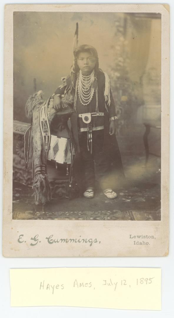 Hayes Ames Idaho Nez Perce Indian Cabinet Photo: E.G. Cummings, Lewiston, Idaho, Photographer. 4 1/4" by 6 3/4" Provenance: The Larry Ness Collection of Native American Photography