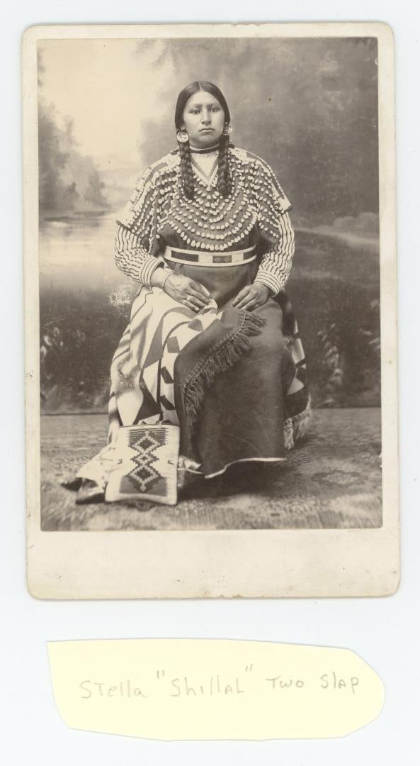 Stella Two Slap Nez Perce Indian Photo: 4 1/4" by 6 1/2". I can find another photo of her identified as Stella Su Slap a Umatilla. Provenance: The Larry Ness Collection of Native American Photography