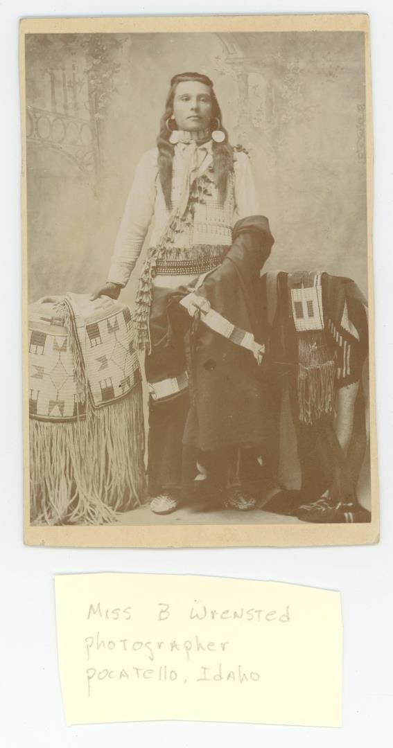 Wrenstead Idaho Nez Perce Indian Cabinet Photo: Photographer is Benedicte Wrensted of Pocatello Idaho. 4" by 6". Benedicte Marie Wrensted (February 10, 1859 ? January 19, 1949) was a notable Danish-American photographer, who emigrated to the United