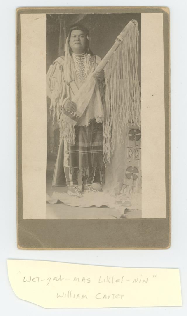 William Carter Idaho Nez Perce Indian Photo: Photographer is Webster of Lewiston Idaho. Identified as William Carter, Wet-Gah-Mas Liklei-Nin, or Shot in the Belly. 4 1/4" by 6 1/2" Provenance: The Larry Ness Collection of Native American Photogr