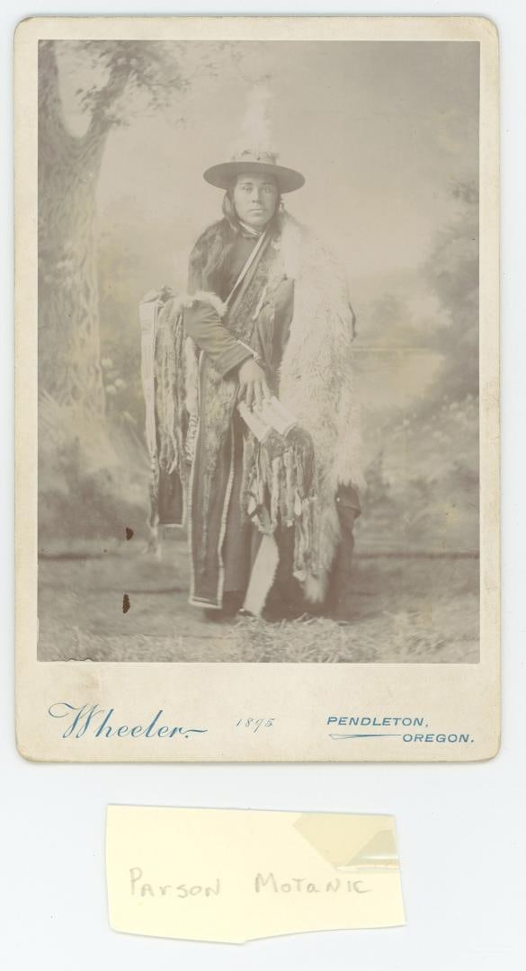 Parson Motanic Cayuse Indian Cabinet Photo: Photographer is Wheeler of Pendleton Oregon. 4 1/4" by 6 1/2" Mo-tan-nick, later called Parson(s) Motanic was born to a Cayuse woman called Tsa-lo or Small Eyes (1830-?) for whom not much is known. He