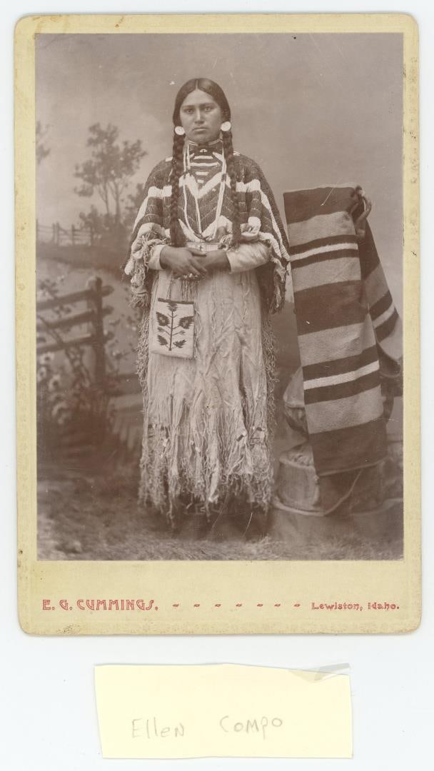 Ellen Compoo Idaho Nez Perce Indian Cabinet Photo: E. G. Cummings Photographer, Lewiston, Idaho. 4 1/4" by 6 1/2". Provenance: The Larry Ness Collection of Native American Photography