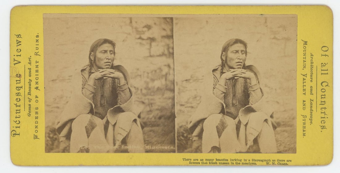 Medicine Bottle Executed Sioux Indian Stereoview: Dakota brave Medicine Bottle, as photographed during his captivity at Fort Snelling following the Dakota Uprising of 1862. The 1851 Treaty of Traverse des Sioux removed the Dakota people from their tr