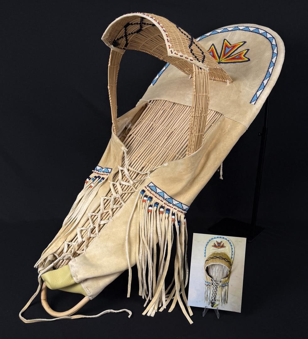 Paiute Native American Indian Cradleboard: 37 3/4" by 15" by 13". Mid 20th Century.