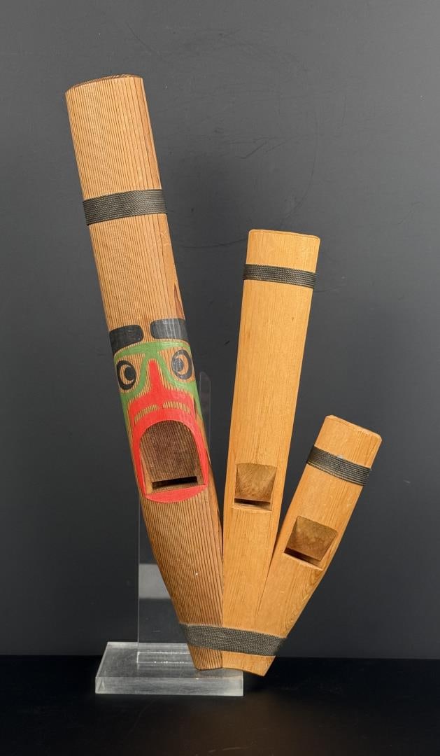 Richard Sumner Kwakiutl Northwest Coast Whistle: 16 1/2" by 6 3/4" by 2". Richard Sumner (b. 1956) was born and raised in Alert Bay on Cormorant Island near Port McNeill on Vancouver Island, BC. He is of the Kwakiutl Nation. Richard began carving at